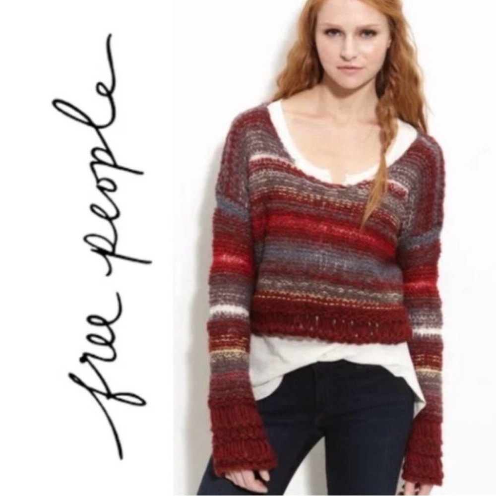 Free People Whimsygoth Rainbow Dream Striped Cropped Sweater Red Multi Boho XS